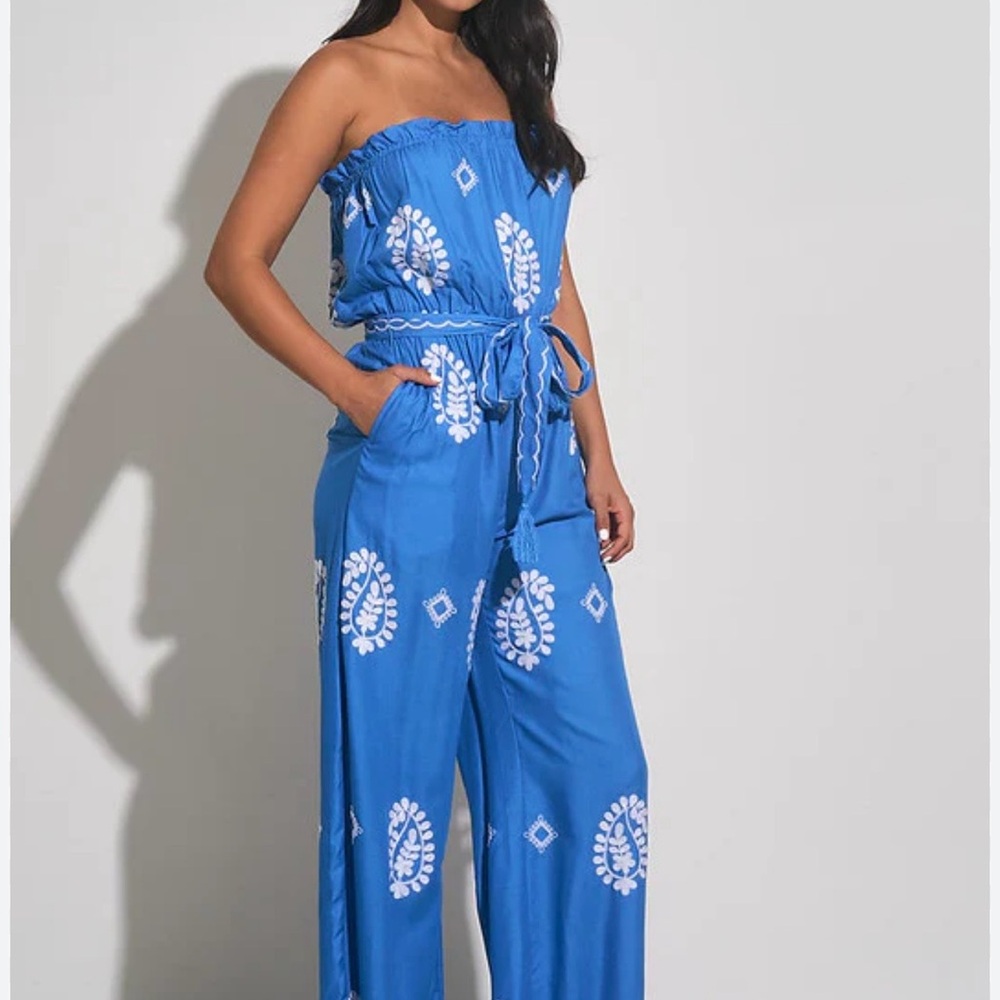 Cato Blue Strapless Jumpsuit with White Accents